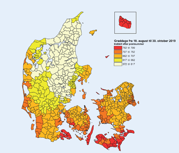 Danmarks kort der er farvet efter graddage